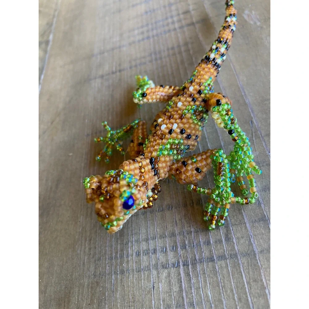 Handcrafted Beaded Lizard Brooch Orange Green Seed Bead Reptile Pin 5 Inch
